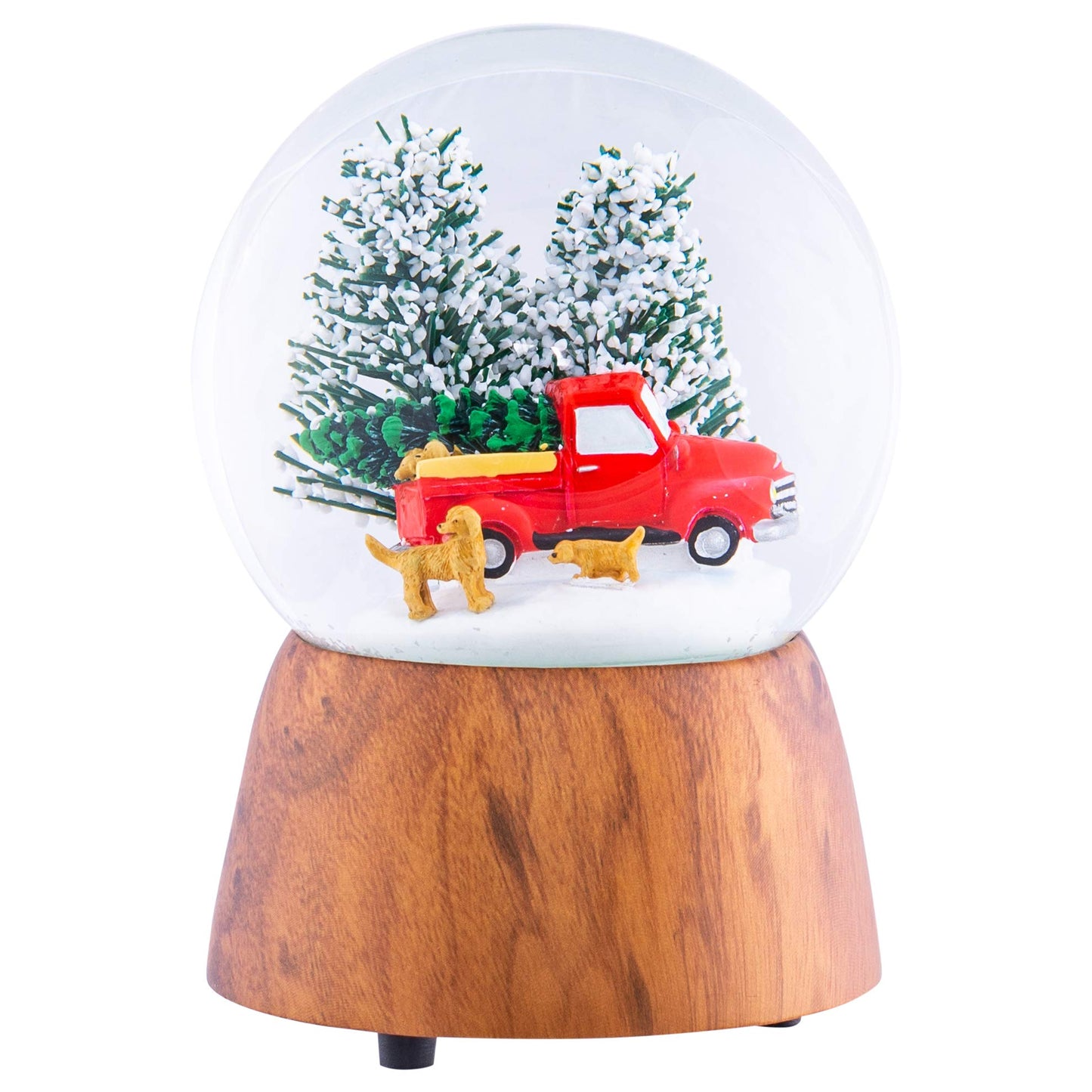 Red Truck With Dogs Cherry Woodgrain 6 x 4 Resin and Metal Holiday Musical Snow Globe