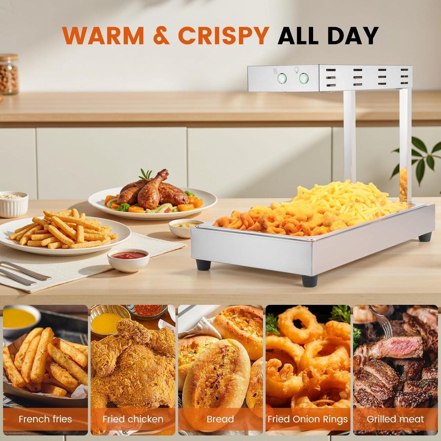 Dyna-Living French Fry Warmer, 500W French Fry Food Warmer Commercial Stainless Steel Electric Commercial Food Heat Lamp Free-Standing Countertop Warming Fried Dump Station for Food Truck Restaurant