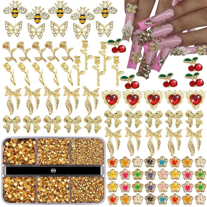 105 Pcs Y2K Gold Nail Charms Set - Gold Bees, Butterflies, Roses, Bows, Cherries, Cherry Blossoms Petals for Nail Decorations Jewelry