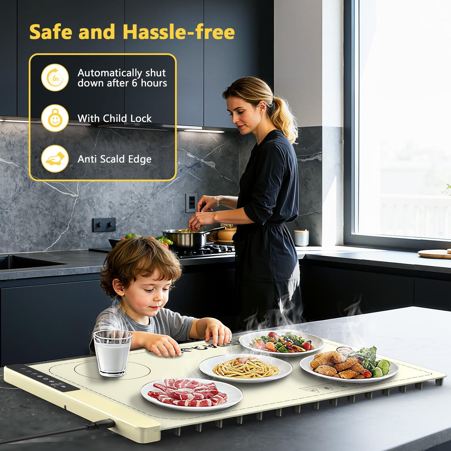 Food Warming Mat with 3-Zone Heating Mode, Redagod Electric Warming Tray with 9 Temperature & 8 Timer Settings, Hook and Roll Up Storage, Portable Countertop Food Heating Mat for Home Daily Use, Beige