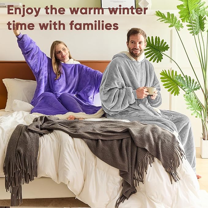 yescool Wearable Blanket Hoodie, Flannel Sherpa Fleece Blanket Sweatshirt for Adults Women Men,One Size Fits All