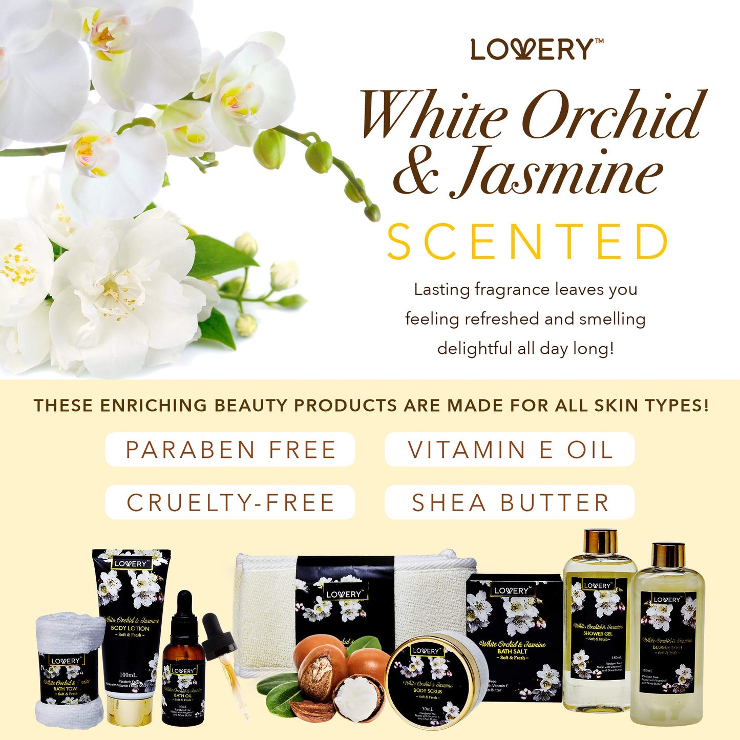 Birthday Gifts for Mom, Bath and Body Gift Basket for Women and Men – Orchid & Jasmine Home Spa Set With Body Scrubs, Lotions, Oils, Gels and More - Care Package for Women & Men - 9 Piece Set