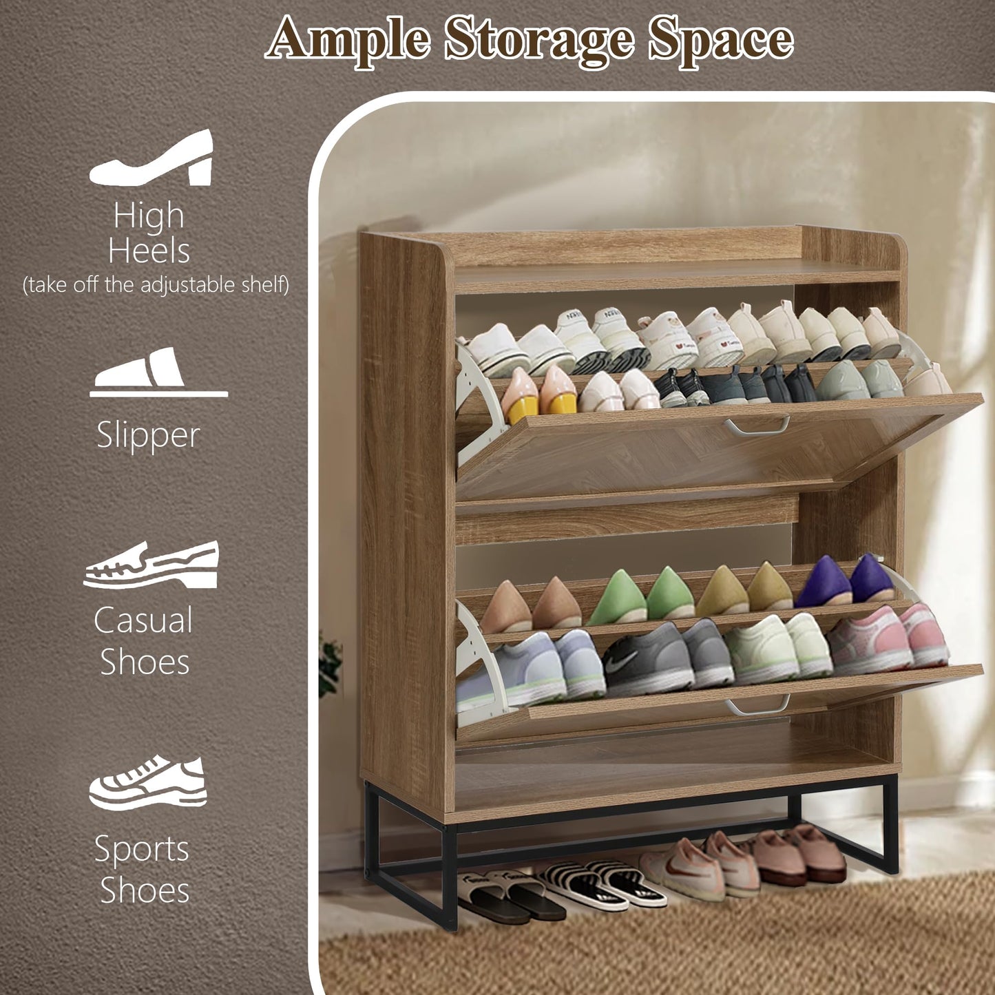 MISHAO Shoe Storage Cabinet with 2 Flip Drawers, Narrow Hidden Shoe Cabinet with Metal Legs & Adjustable Shelf, Freestanding Slim Shoe Rack Organizer for Entryway