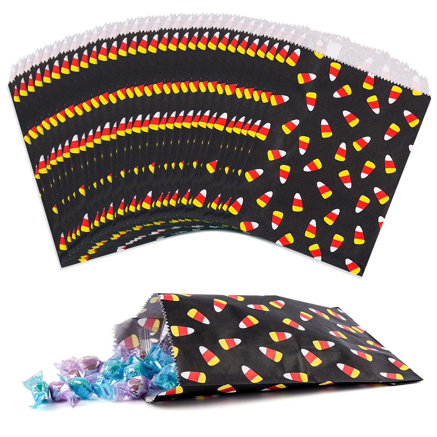 Kolewo4ever 100 Pieces Halloween Treat Bags Halloween Candy Corn Bag Paper Bags Candy Buffet Paper Bag for Chocolate Candy Cookies Party Favor