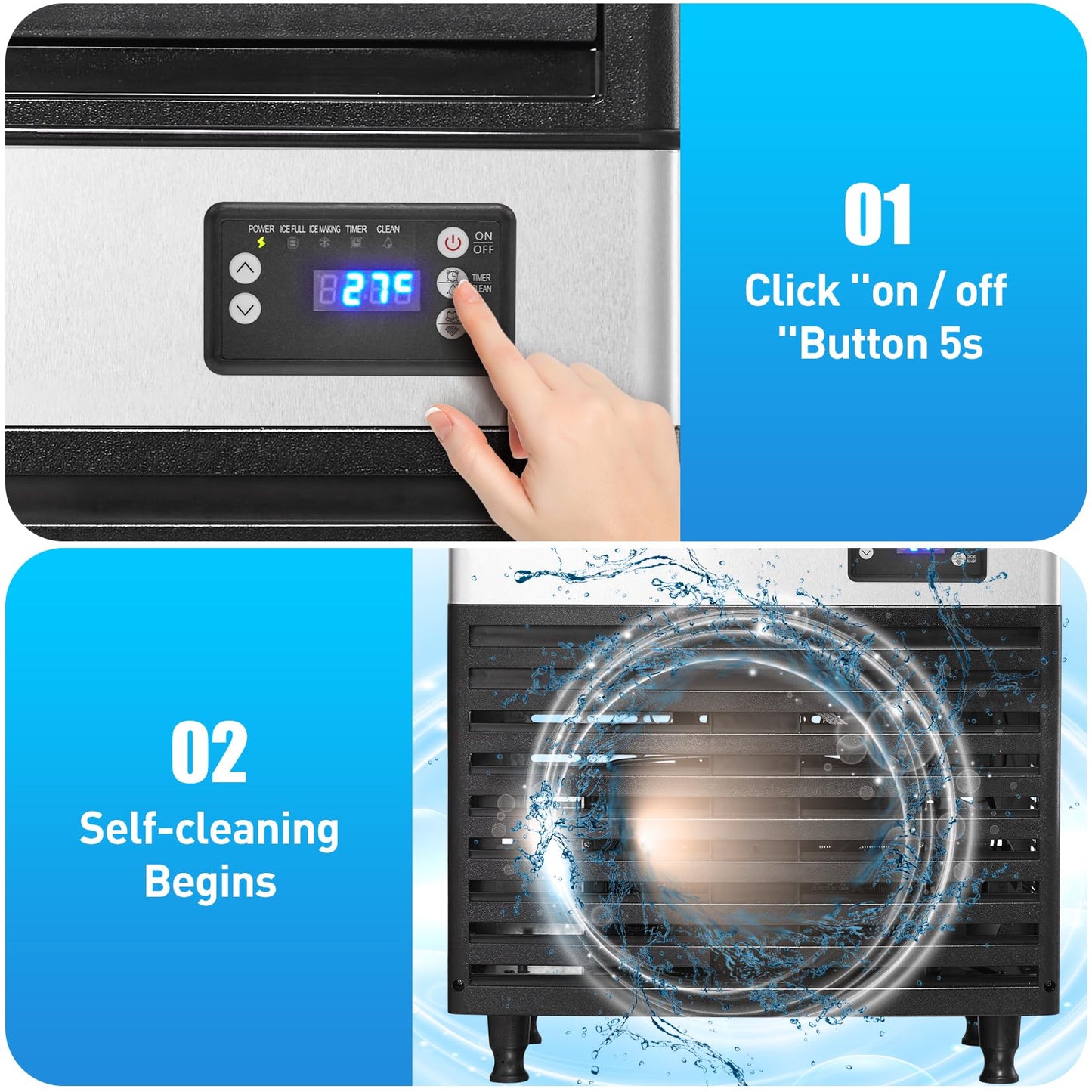 Commercial Ice Maker 130L/34.3Gal Output & 30L Storage | Dual Water Inlet & Auto Sanitization Cycle - Undercounter SUS304 Design with Programmable Timer for Bars, Restaurants, School Cafeterias