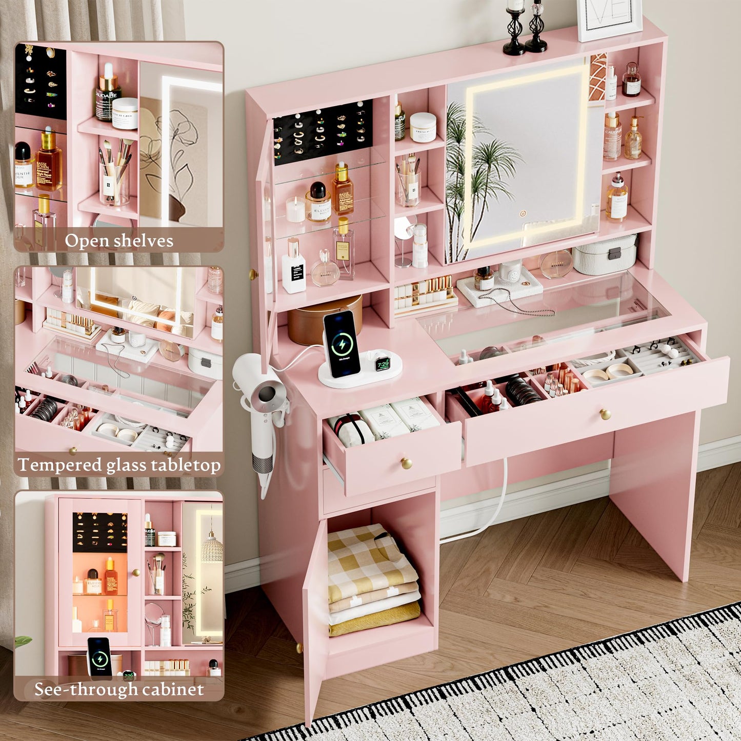 yesasin Vanity Desk with Mirror and Lights Makeup Vanity Desk with Lights 3 Colors 38" Dressing Table with Drawer and Cabinet for Bedroom Transparent Glass Top Power Outlet for Bedroom Pink