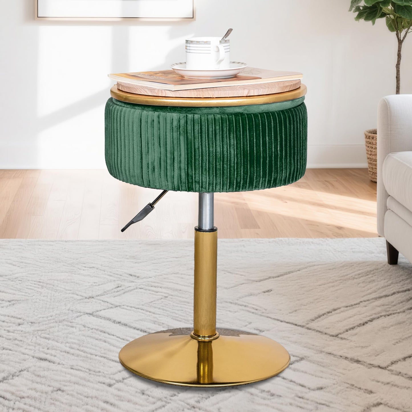 LITZFUR Velvet Vanity Stool for Makeup Room, Round Storage Ottoman Height Adjustable Gold Vanity Chair, 360° Swivel Footrest for Living Room Bedroom, Dark Green