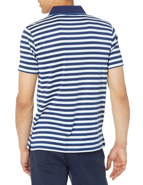 Brooks Brothers Men's Short Sleeve Performance Stretch Zip Polo Shirt, Navy/White Stripe