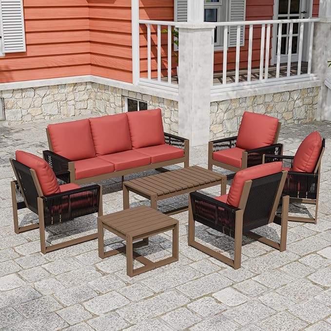 INTER HUT Rustic Hideaway Natural Cedar Wood Outdoor Furniture Set, Wicker Patio Conversation Set for Porch Garden Backyard, Couch, 4 Patio Chairs, Tables, 7 Piece, Brownish/Red