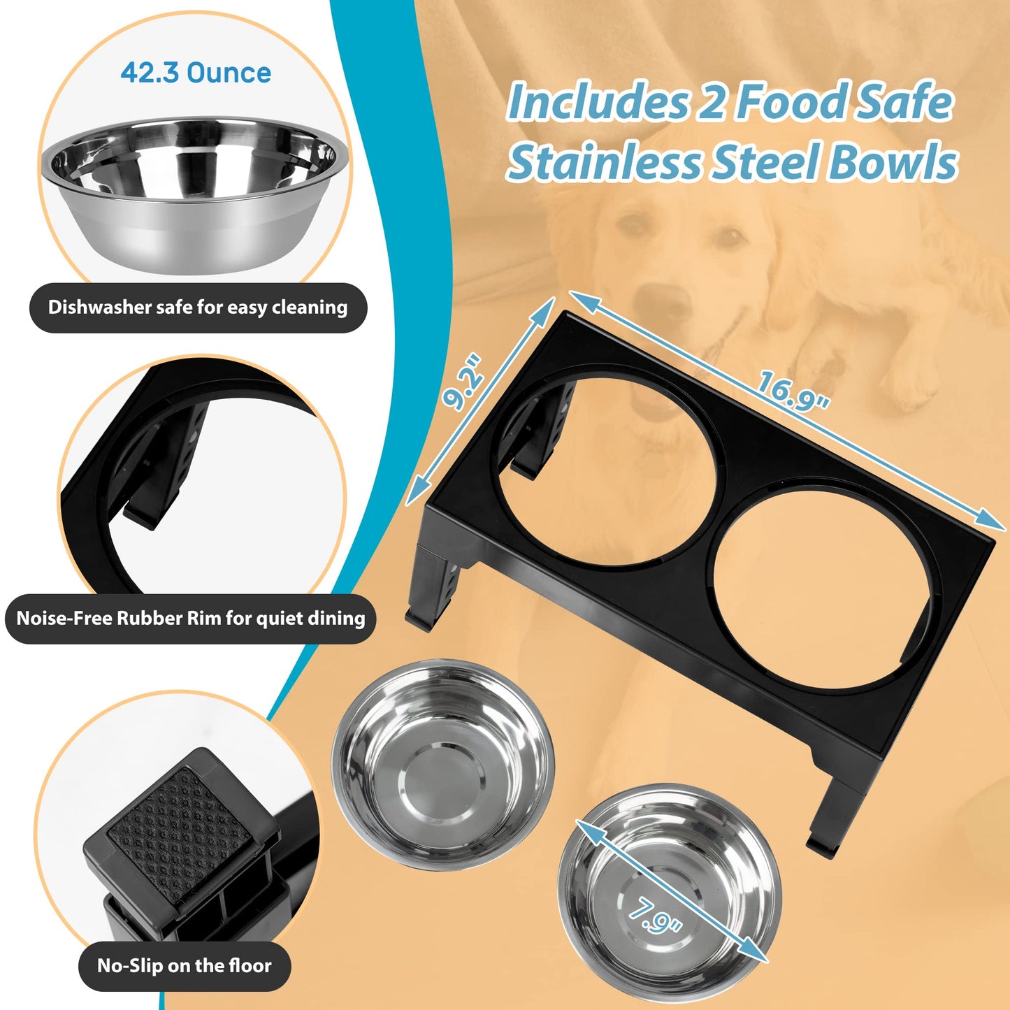 Niubya Elevated Dog Bowls with 2 Stainless Steel Dog Food Bowls, Raised Dog Bowl Adjusts to 5 Heights (3.15", 8.66", 9.84",11.02", 12.2") for Small Medium and Large Dogs