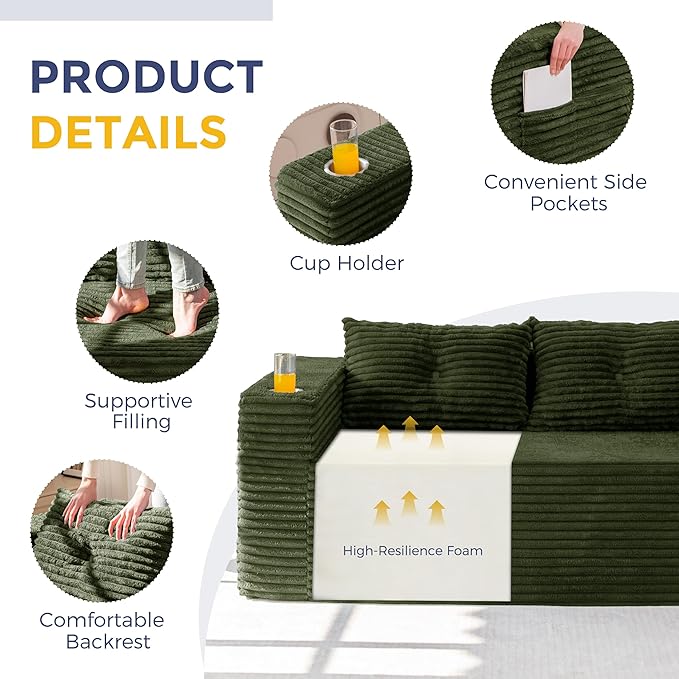 MAXYOYO 63" Boneless Loveseat Sofa Couch for Small Spaces, Mini Love Seat Floor Couch with Cup Holders and Pillows, 2-Seater Upholstered Cloud Couch for Bedroom Apartment, No Assembly Required