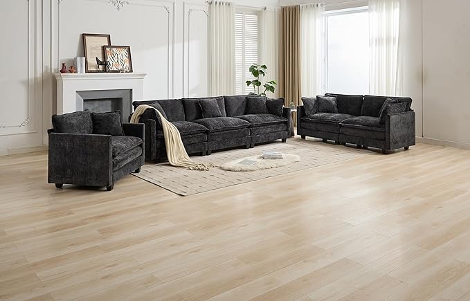SoarFlash Chenille 77.95" Sectional Sofa, Comfy L Shaped Modular Coush Sofa with Ottoman, Modern 2 Seat Couch Deep Seat Sofa Set for Living Room,Black