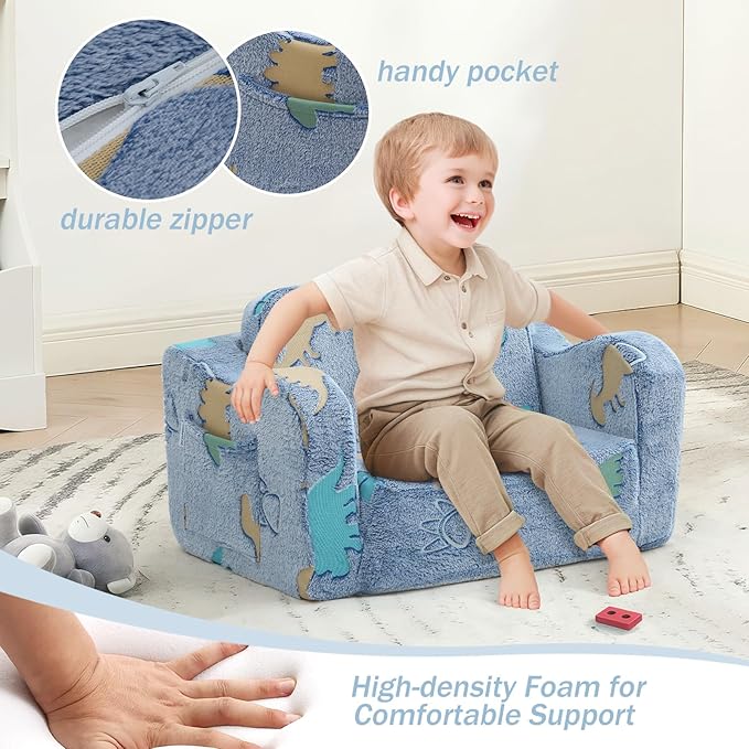 MeMoreCool Toddler Fold‑Out Couch for Ages 1‑3 yrs – Glowing Dinosaur Plush Kids Floor Sofa, Convertible 2‑in‑1 Lounger & Bed with Soft Washable Cover