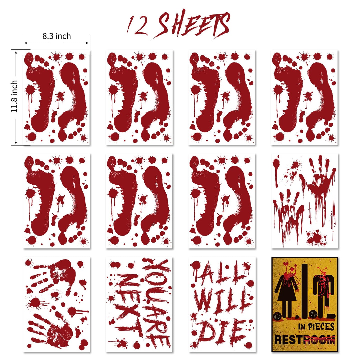 Halloween Clings- Bloody Handprint Footprint Floor Stickers, Scary Halloween Party Decor for Windows and Cars, Indoor/Outdoor Use - 12 Sheets