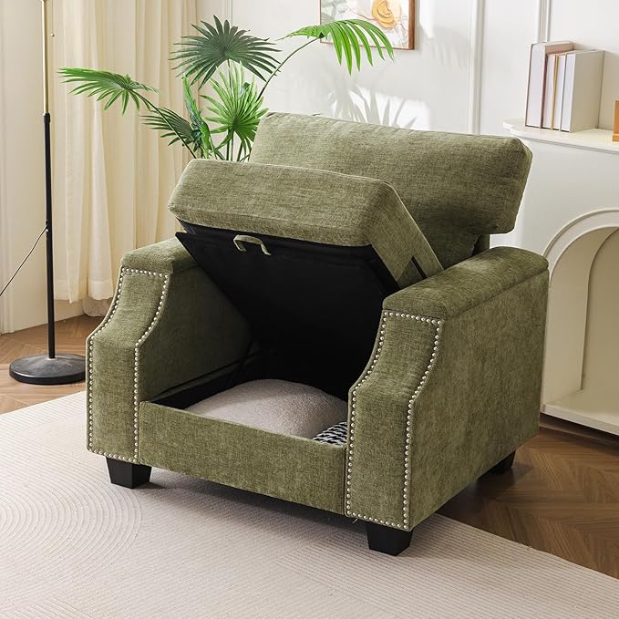 Rukefo 85" Sectional Sofa Couch with Storage Ottoman,L Shaped Couch with Armrest Organizer,3-Seater Sofa,Sofa and Chair Set,Couches for Living Room,Bedroom,Apartment,Chenille,Green