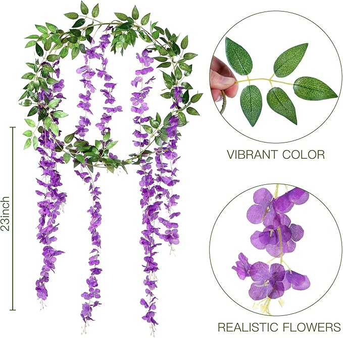 Sggvecsy 6Pcs Wisteria Garland Artificial Flowers Garland Fake Hanging Wisteria Vines Rattan Silk Hanging Flower Vines for Home Garden Outdoor Wedding Arch Party Ceremony Total 35.4Ft (Purple)