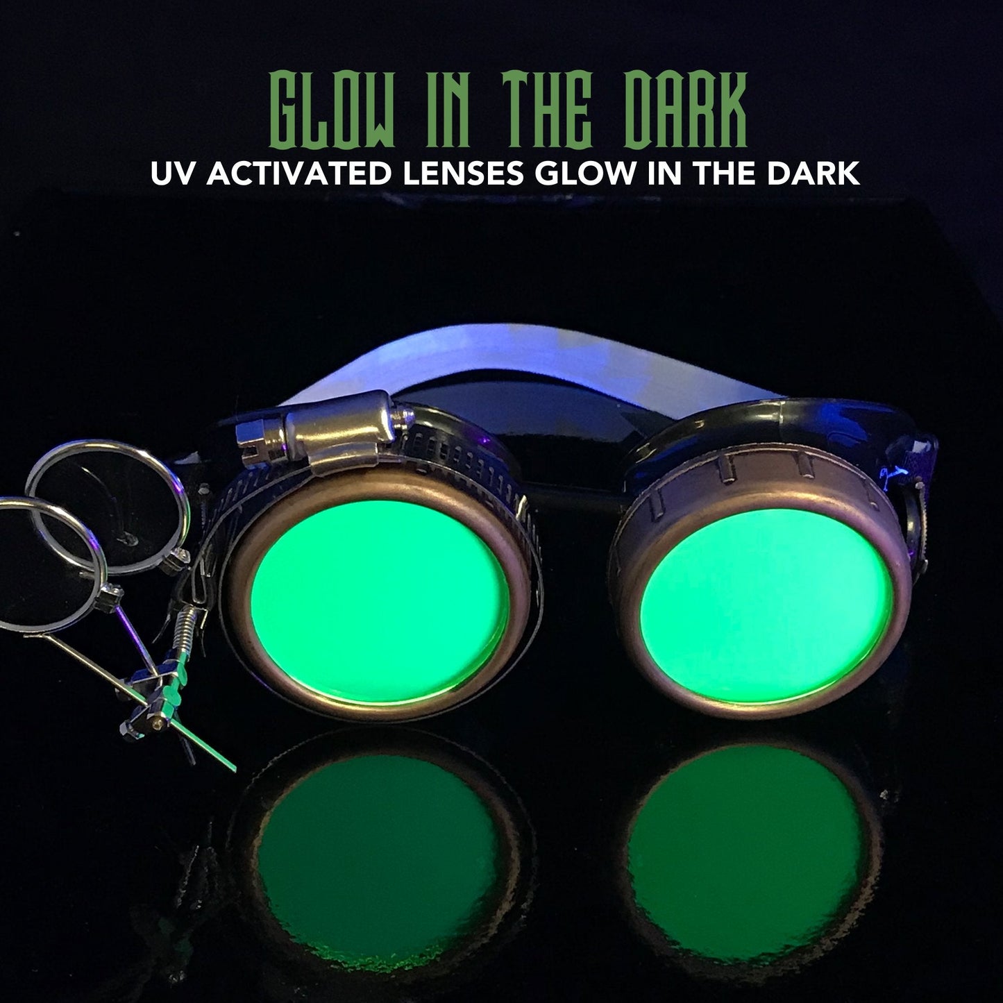 UMBRELLALABORATORY Steampunk Victorian Style Goggles with Compass Design, Neon Green Lenses & Ocular Loupe