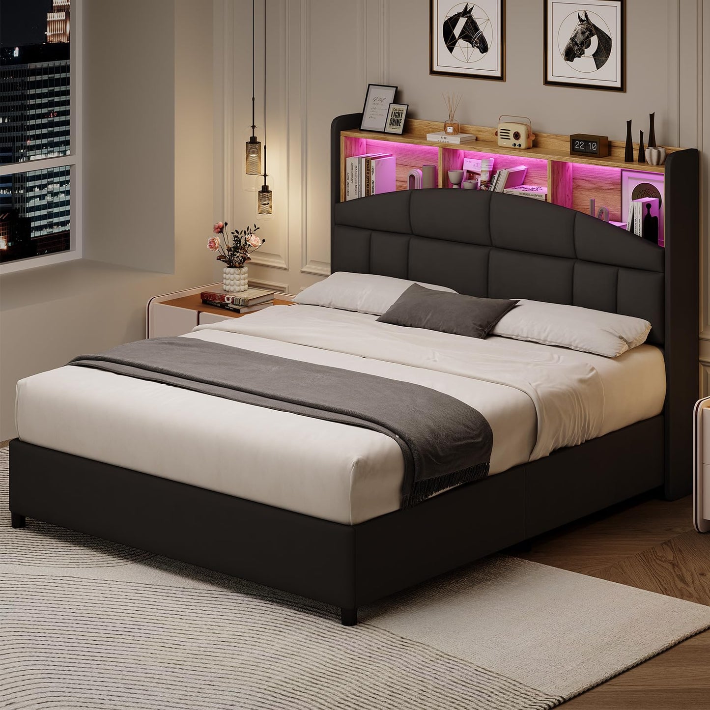 REVOMINCA Queen Bed Frame with Headboard and LED Lights, Velvet Upholstered Bed Frame with Wooden Slats Support, No Box Spring Needed, No Noise, Black