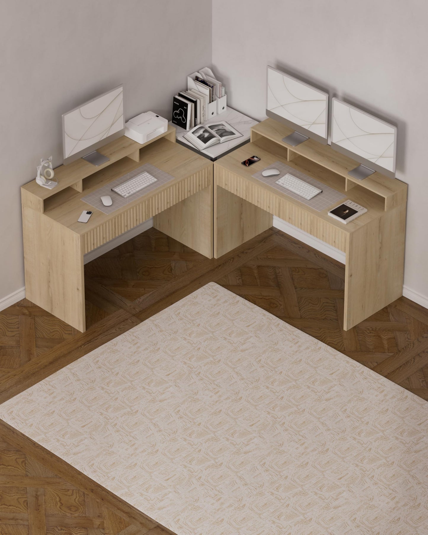 MoomJiee 47" Executive Desk with Fluted Drawer, Modern Wood Home Office Desk with Long Monitor Stand and 2 Drawers, Computer Writing Desk for Study Office Vanity, Light Oak