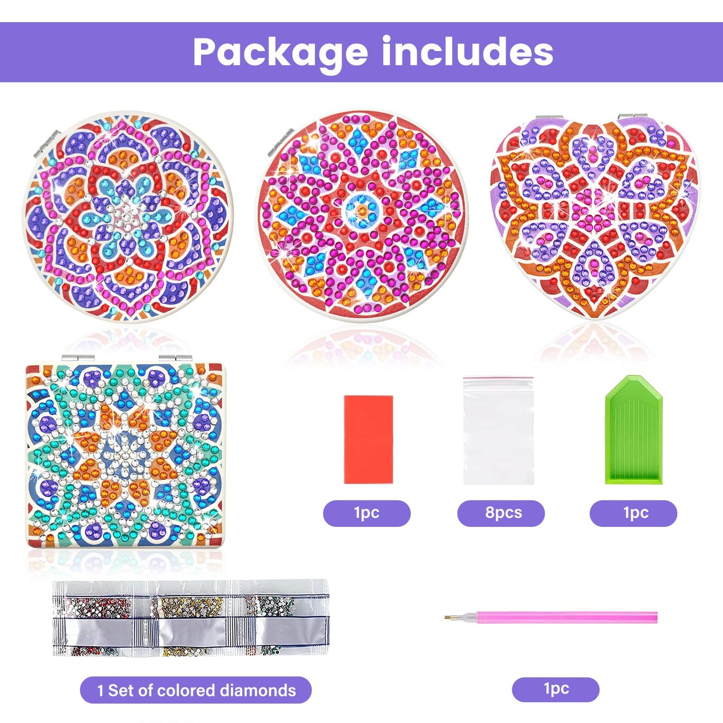 FILASLFT Diamond Art Mirror - 4 Pcs DIY Compact Portable Magnifying Folding Purse Mirror, Diamond Art Gifts (Mandala)