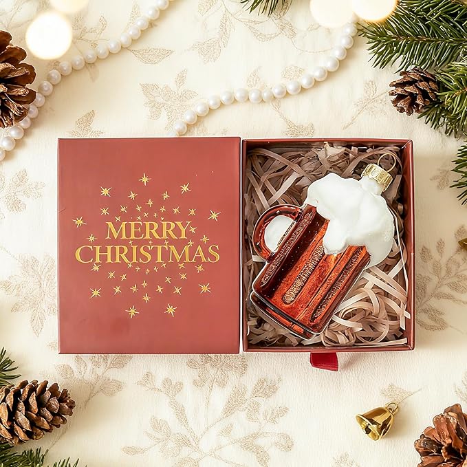WDS WONDROUS Beer Mug Christmas Ornament & Decoration, Glass Hanging Beer Mug Ornament Set for Christmas Tree Red and White Decor Holiday Party Home Gift