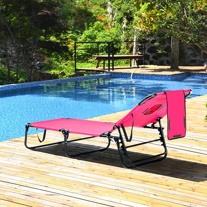 GYMAX Tanning Chair, 350lbs Beach Lounge Chair with Face Hole, Washable Pillow & Carry Strap, Adjustable Folding Chaise Lounge, Layout Lounger for Outside, Patio, Poolside, Lawn (2, Pink)