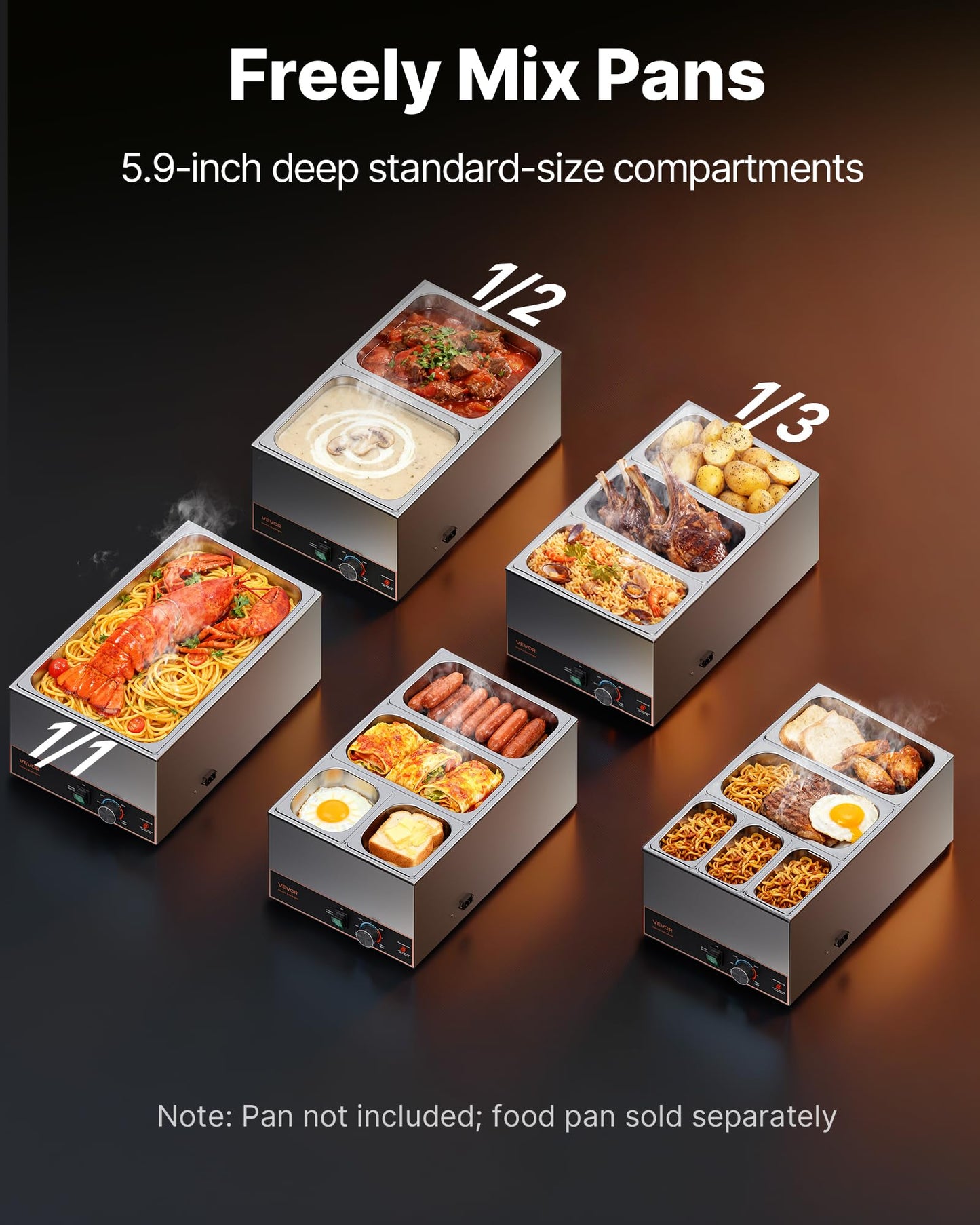 VEVOR Commercial Food Warmer, 1500W Electric Stainless Steel Steam Food Warmer, Fast Heating Countertop Buffet Bain Marie with Power Cord & Divider Strip, for Catering, Restaurants, Parties, Buffets
