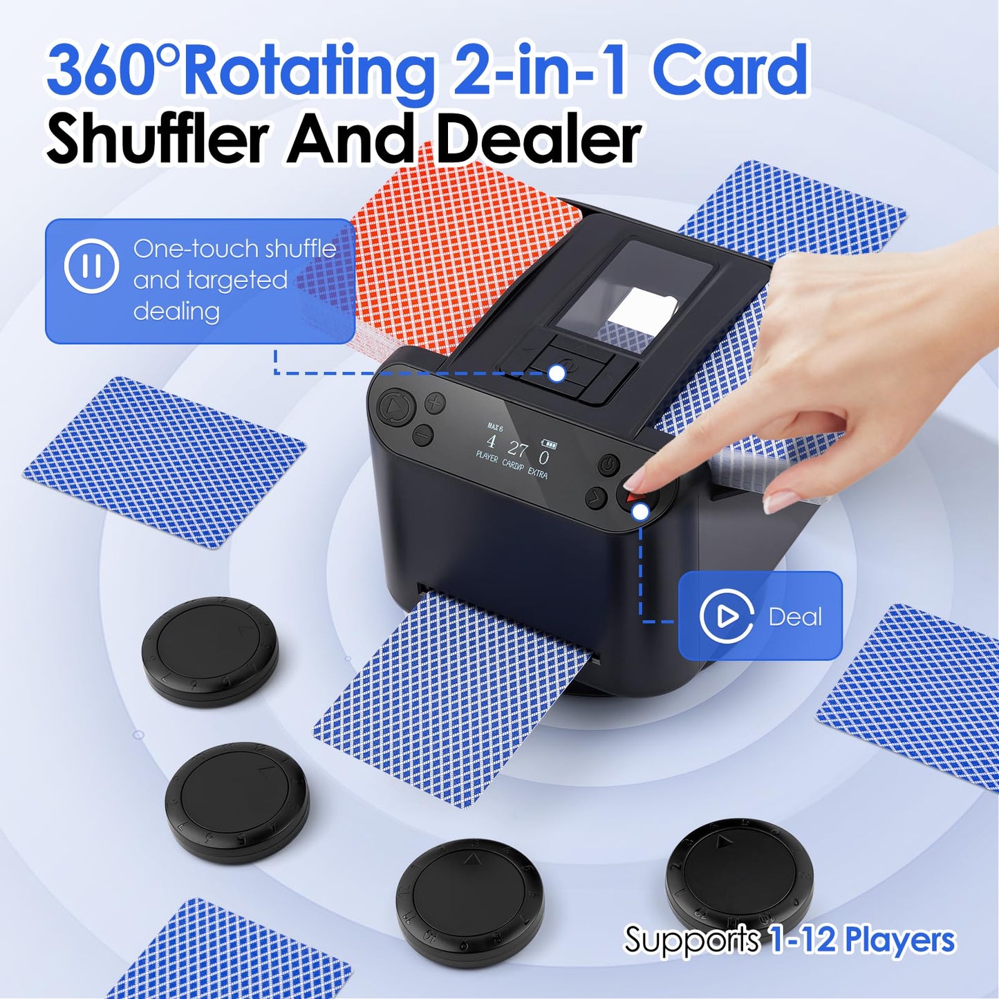 Automatic Card Shuffler and Dealer 2-in-1 with Extra Gift 100PCS Poker Set and Casino Felt - Support 12 Players, 4 Drawing Remotes, Built-in Gameplays, 360°/180° Deal, 2 Decks for Poker, UNO, Phase 10