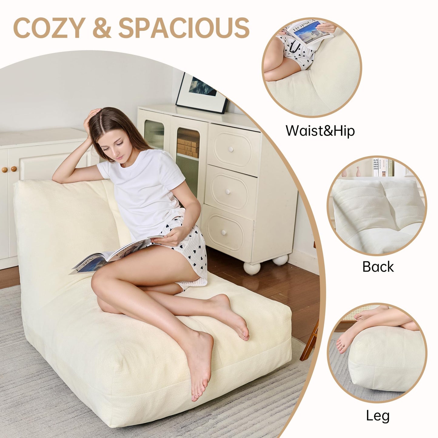 Stmoze Bean Bag Chairs for Adults, Memory Foam Bean Bag Chair, Spacious Single Sofa, Ergonomic Support Reading Floor Sofa Chair with Filler, Comfy Cozy Beanbag Couch for Bedroom Living Room (Beige)