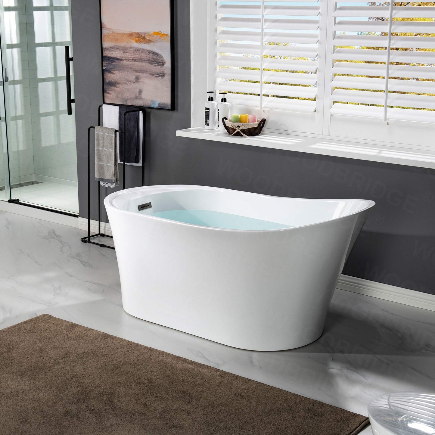 WOODBRIDGE 59" Acrylic Freestanding Bathtub Contemporary Soaking Tub with Matte Black Overflow and Drain B0083-MB-Drain &O,White