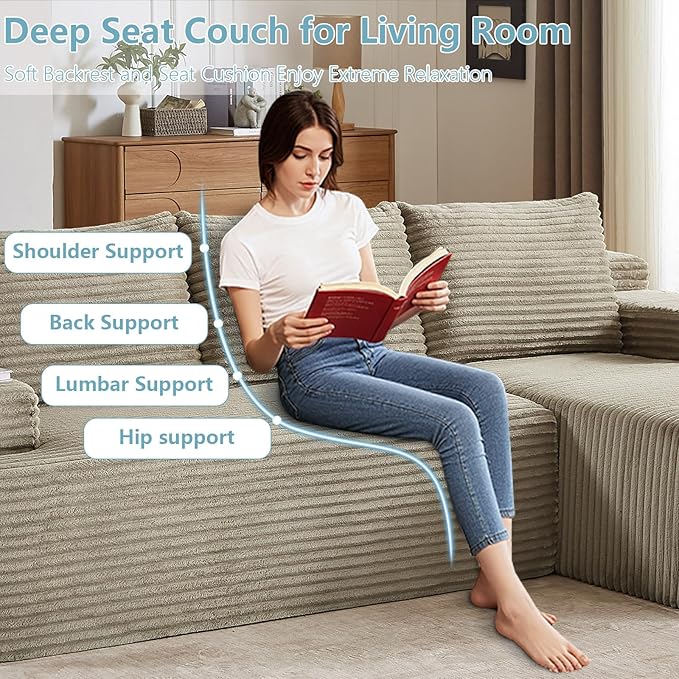 96" Cloud Sectional Couch with L-Shape Chaise, Modern Corduroy Boneless Couch for Living Room,Memory Foam Sofa with Deep Seat,No Assembly Required (Camel,Right-Facing Chaise)