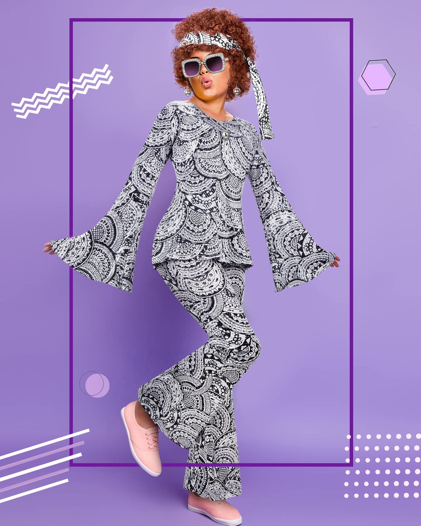 Jexine 7 Pcs 60s 70s Disco Outfits for Women Disco Party Costume Set Top Pants Sunglasses Ball Necklace Earring Wig Halloween(Small,Classic Style)