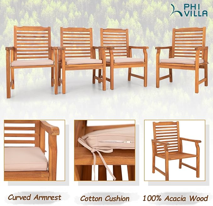 PHI VILLA 2 Pieces Acacia Wood Outdoor Dining Chairs with Cushions, Patio Oil Finished Wooden Armchairs Set of 2, Natural Teak Dining Chairs for Deck, Yard, Porch