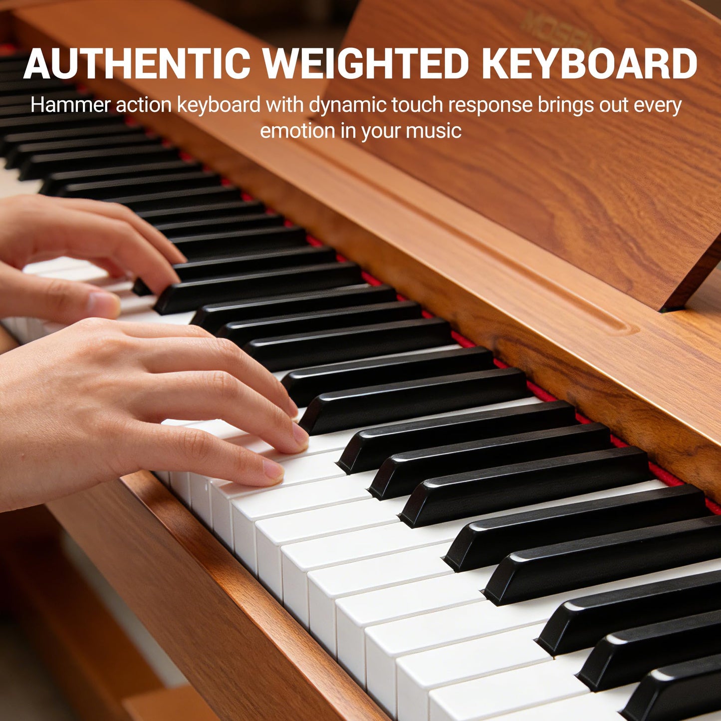 MOSEN Digital Piano, 88 Key Weighted Keyboard, Progressive Hammer Action, Electric Piano for Beginner, 128 Voices, 3-Pedal, Music Stand, Recording, USB-MIDI MP3 Connecting, MDP-88N, Wood Brown