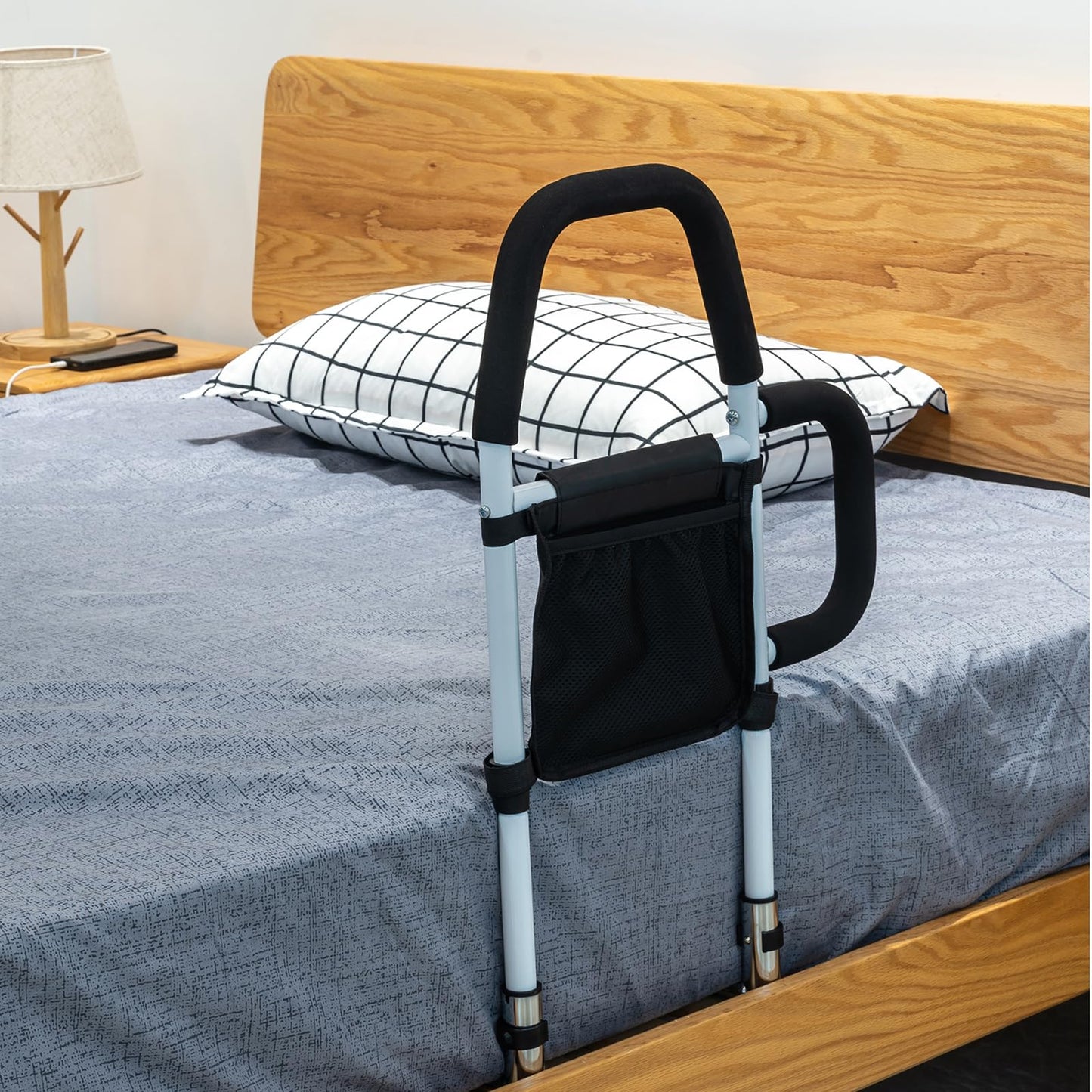 LEACHOI Bed Rails for Elderly Adults - Bed Assist Rail with Dual Grab Handles for Easily Getting in & Out of Bed, Bed Rail with Storage Pocket, fits King, Queen, Full, Twin, 300lbs