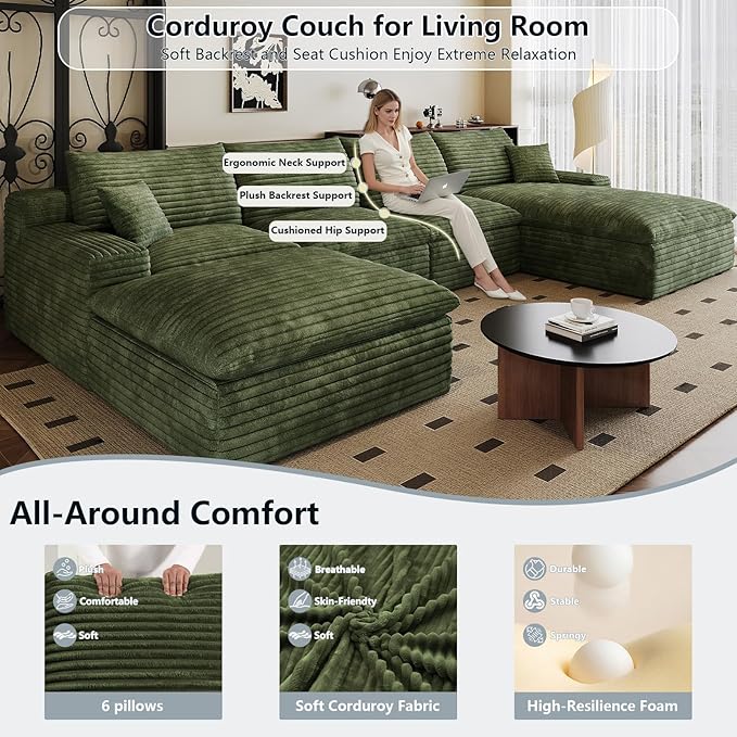 136" Cloud Sectional Couch U-Shaped Chaise with Ottoman, Corduroy Boneless Couch for Living Room Bedroom, Deep-Seat Upholstered Modular Cloud Sofa, No Assembly Required (Green, Right Facing Chaise)