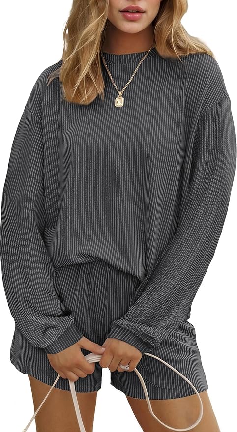 Ekouaer 2 Pieces Lounge Set for Women Long Sleeve Pajamas Top and Shorts Matching Sets Outfits with Pockets