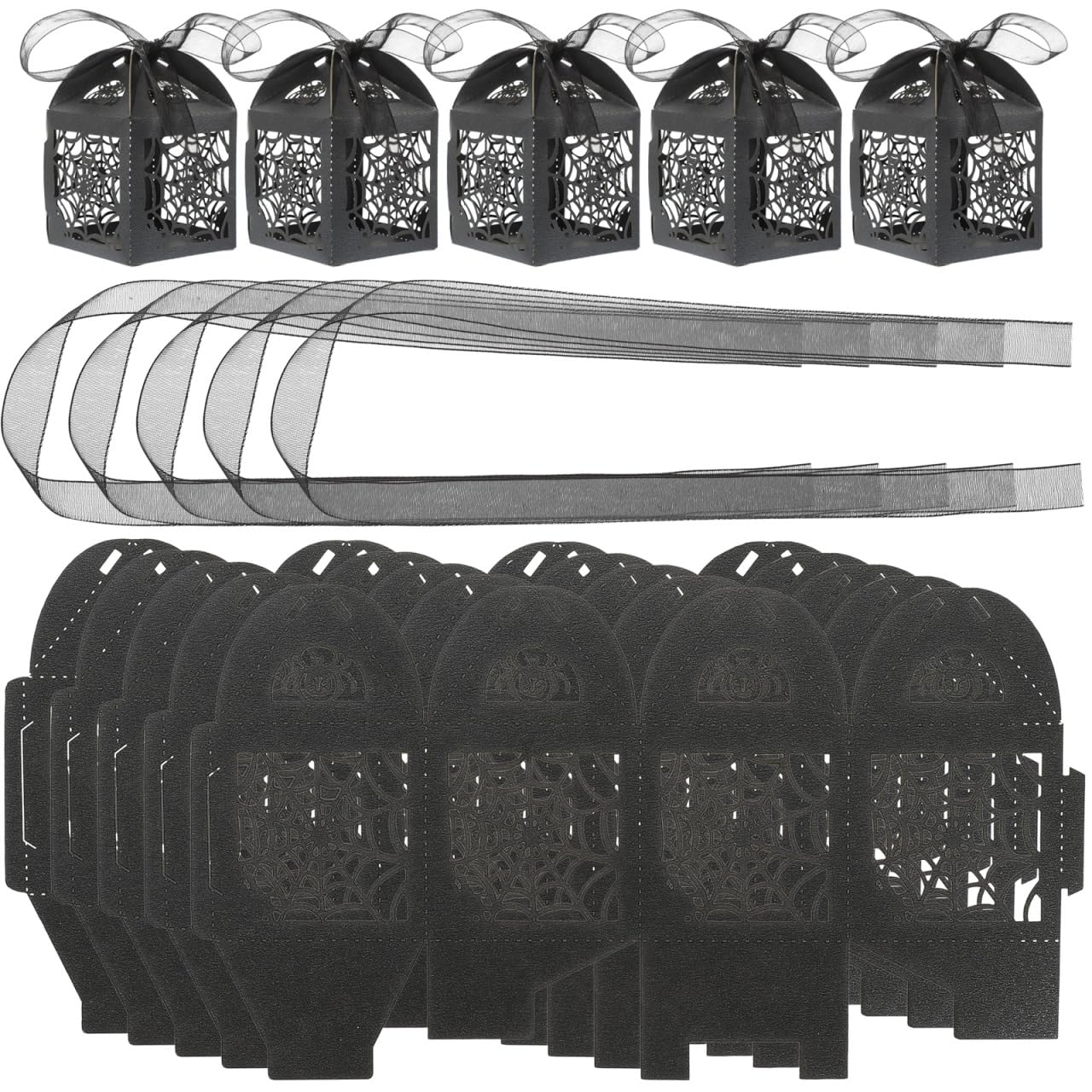 BESTOYARD 50Pcs Halloween Hollow Die-Cut Favor Boxes - Wedding Candy Boxes with Ribbons for Party Candy Packaging, 2X2 Inches