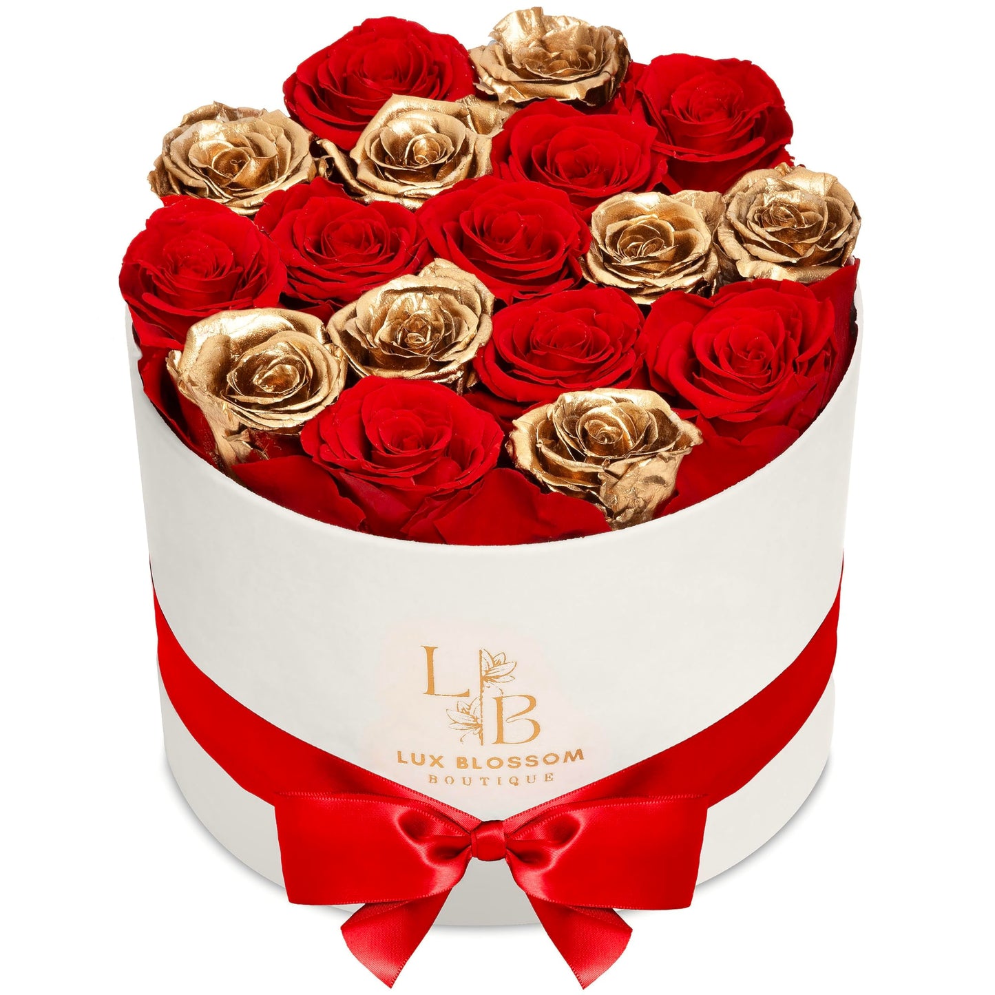 LUX BLOSSOM BOUTIQUE 17 Forever Roses in a Box - Luxury Red & Gold Forever Flowers, Gold Roses, Eternal Sparkling Roses Bouquet, Birthday Gifts for Wife, Flowers for Delivery Prime (White Box)