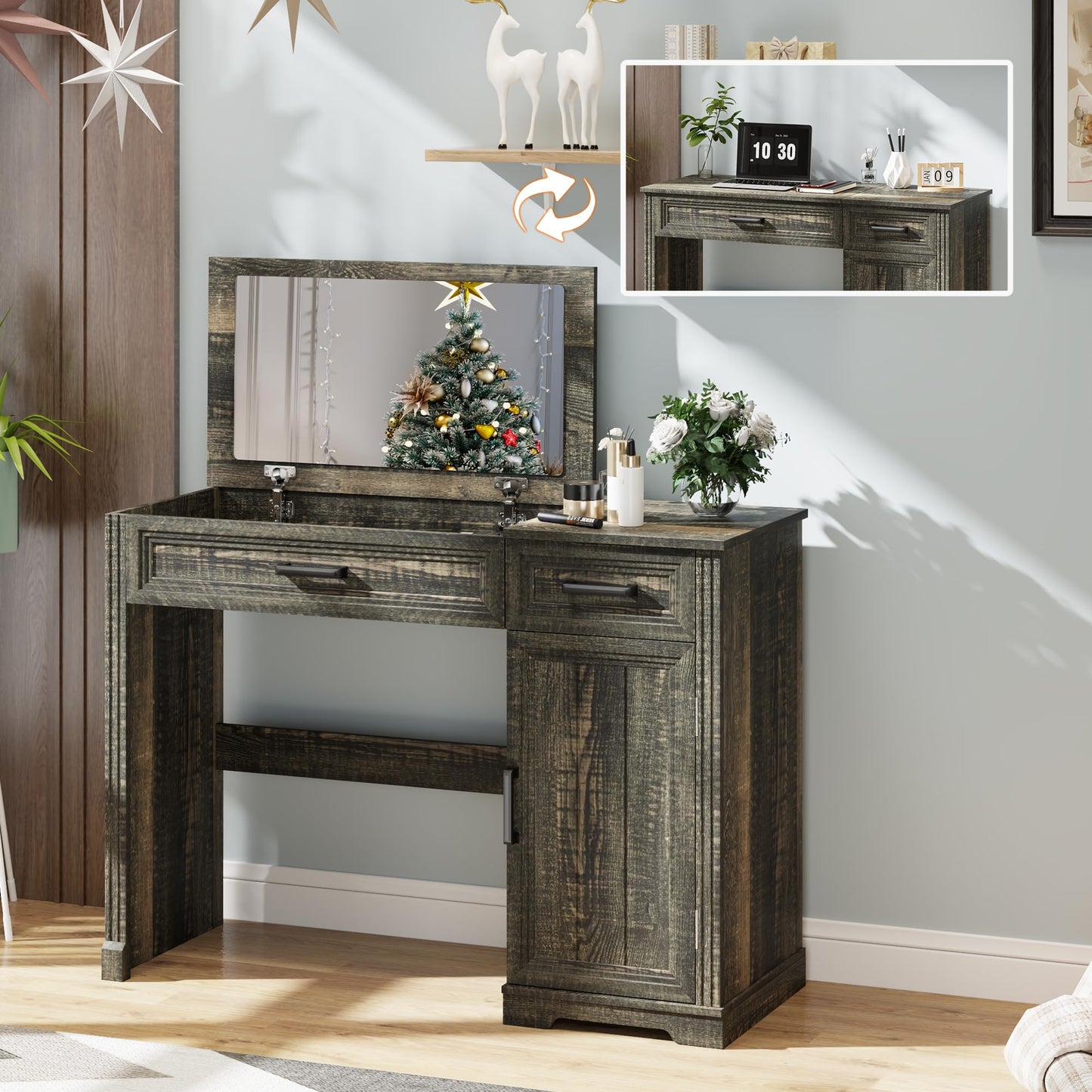 FOMNEY Farmhouse Vanity Desk with Flip Top Mirror, 43.3" W Makeup Vanity with Drawers, Storage Cabinet, Dressing Make Up Vanity Table for Bedroom, Wood Home Office Desk, Light Grey