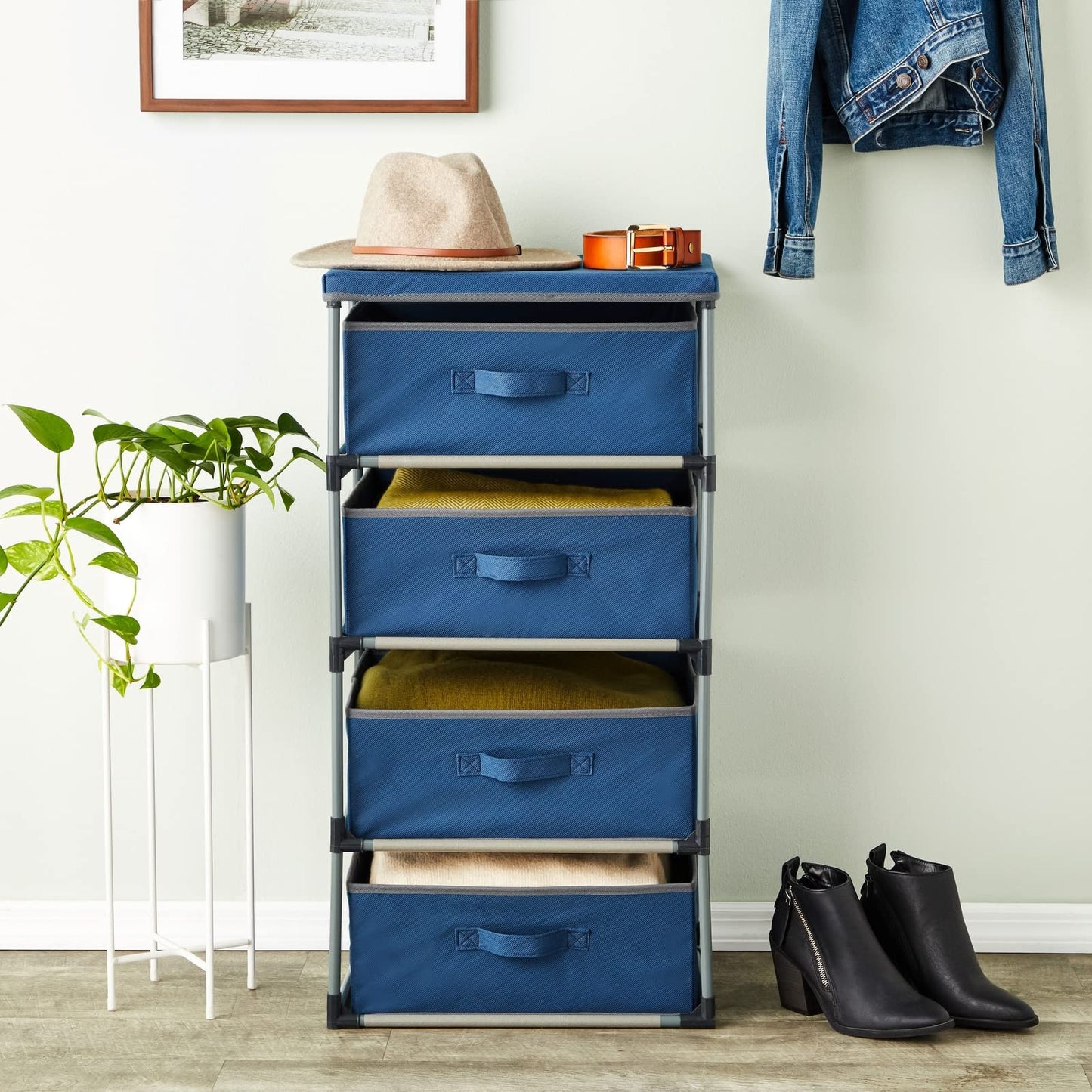 Juvale 4-Tier Tall Closet Dresser with Drawers - Organizer and Small Fabric Storage for Bedroom (Navy Blue) - Dresser for Kids Bedroom