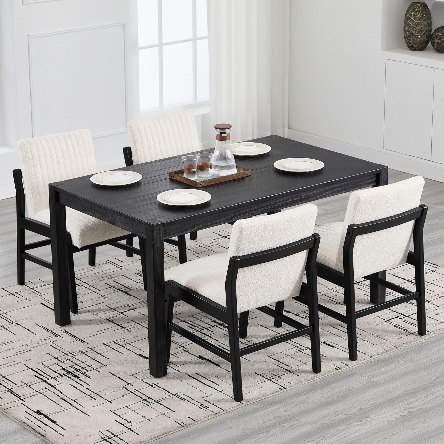 BESTANO Modern Upholstered Dining Chairs Set of 4, Kitchen Dining Room Chairs with Back Armless Accent Side Chairs for Living Room Bedroom Restaurant, Black Wood Leg/White Sherpa Boucle