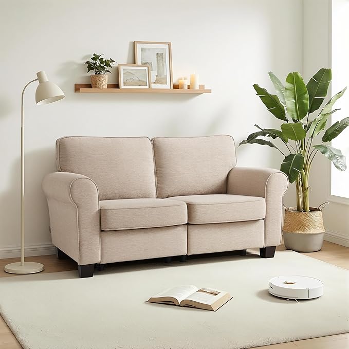 MCombo 67.7" Loveseat Sofa, 2-Seater Small Couch for Small Spaces, Classic Rolled Arm Upholstered Sofa with Solid Wood Legs for Living Room, Removable Cover, Chenille Fabric VE730 (Beige)
