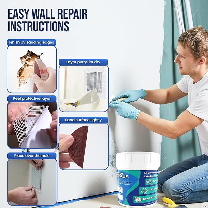 Drywall Repair Kit – 120g Tube + 240g Putty Jar with 2 × 2″ & 4 × 4″ Wall Patch Mesh, Dual Scrapers & 2 × P180 Sandpapers | Fast-Dry Spackle & Sheetrock Crack Filler for Wall, Ceiling, Plaster Repair