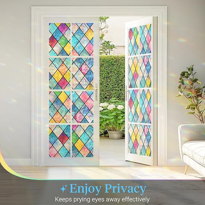 Haton Stained Glass Window Film, Rainbow Window Privacy Film, Decorative Sun Blocking Glass Clings Stickers, Static Cling Colorful Lattice Coverings Decals for Home Door 23.6" x 118.1"