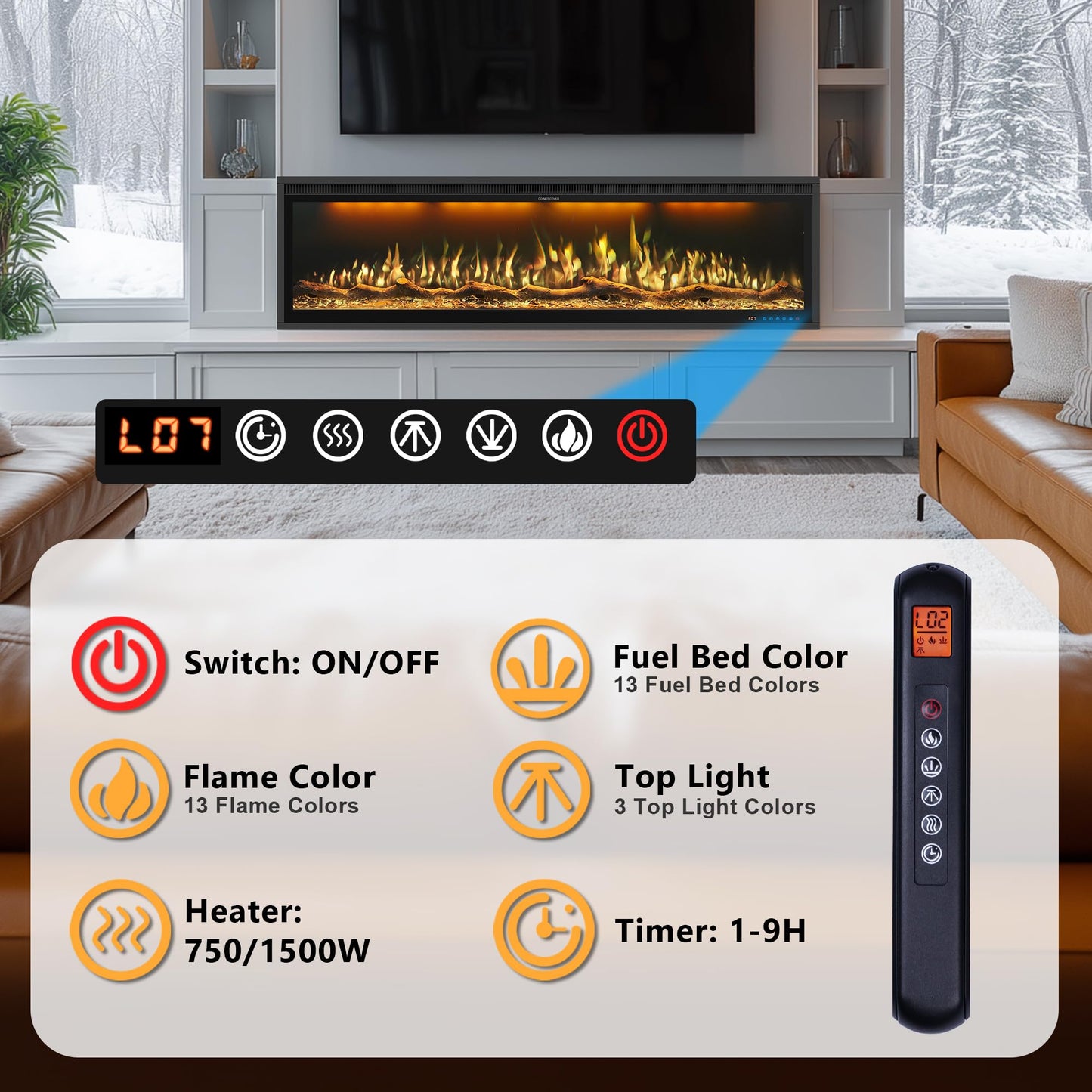 60" WiFi Electric Fireplace Insert, Ultra-Narrow Bezel Fireplace Heater with APP Control, 3 Top Light Colors, 13 Flame & Fuel Bed Colors, 9H Timer, Recessed/Wall Mounted, 750/1500W, Black