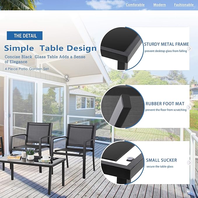 Vongrasig 4 Pieces Patio Furniture Sets, Outdoor Patio Conversation Sets with Glass Coffee Table for Garden, Backyard, Lawn, Poolside (Dark Grey)