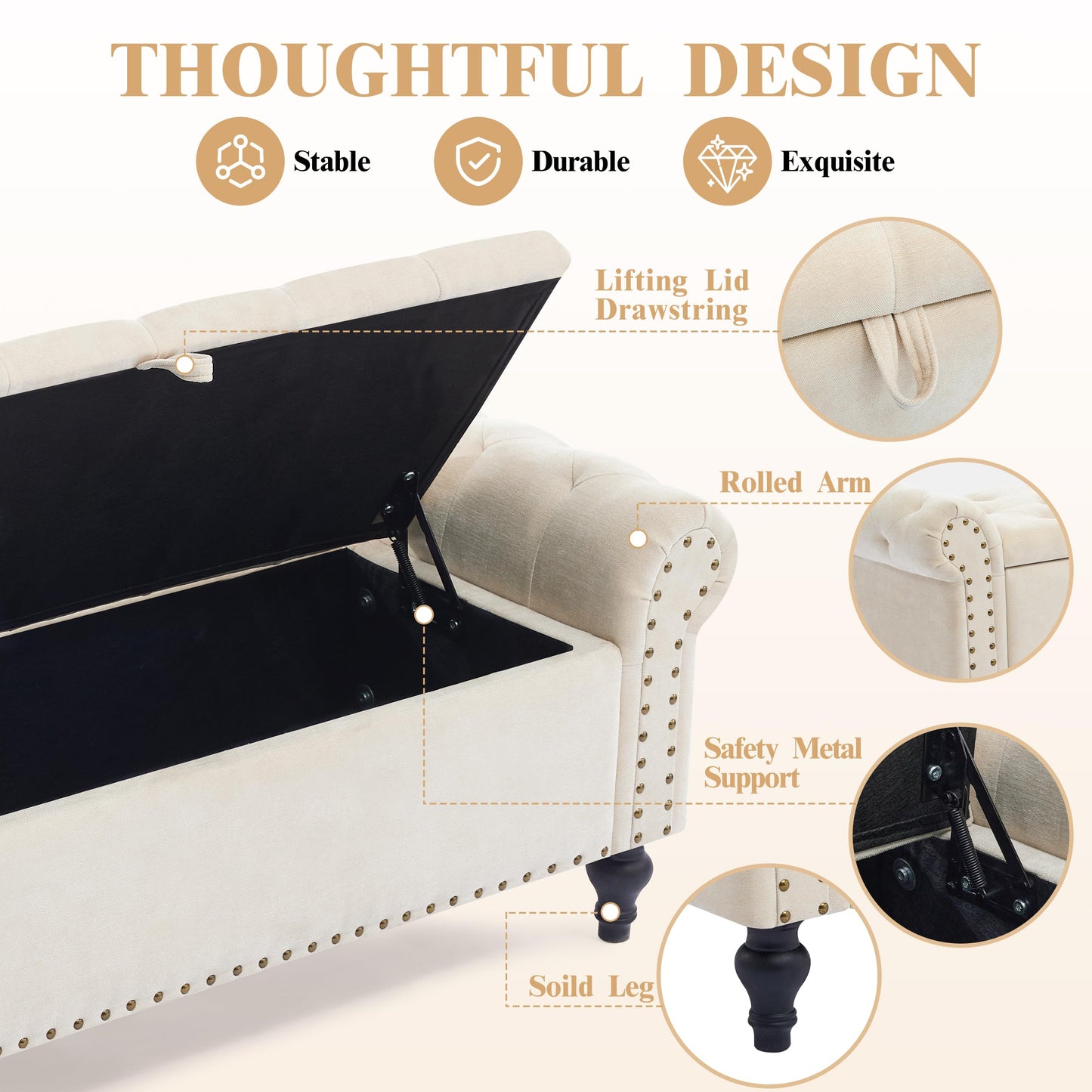 Howjoe 51" Bedroom Storage Bench, End of Bed Bench, Chenille Upholstered Benches, Ottoman with Storage, Window Benches with Rolled Arm and Nailhead Trim for Living Room, Entryway, Beige