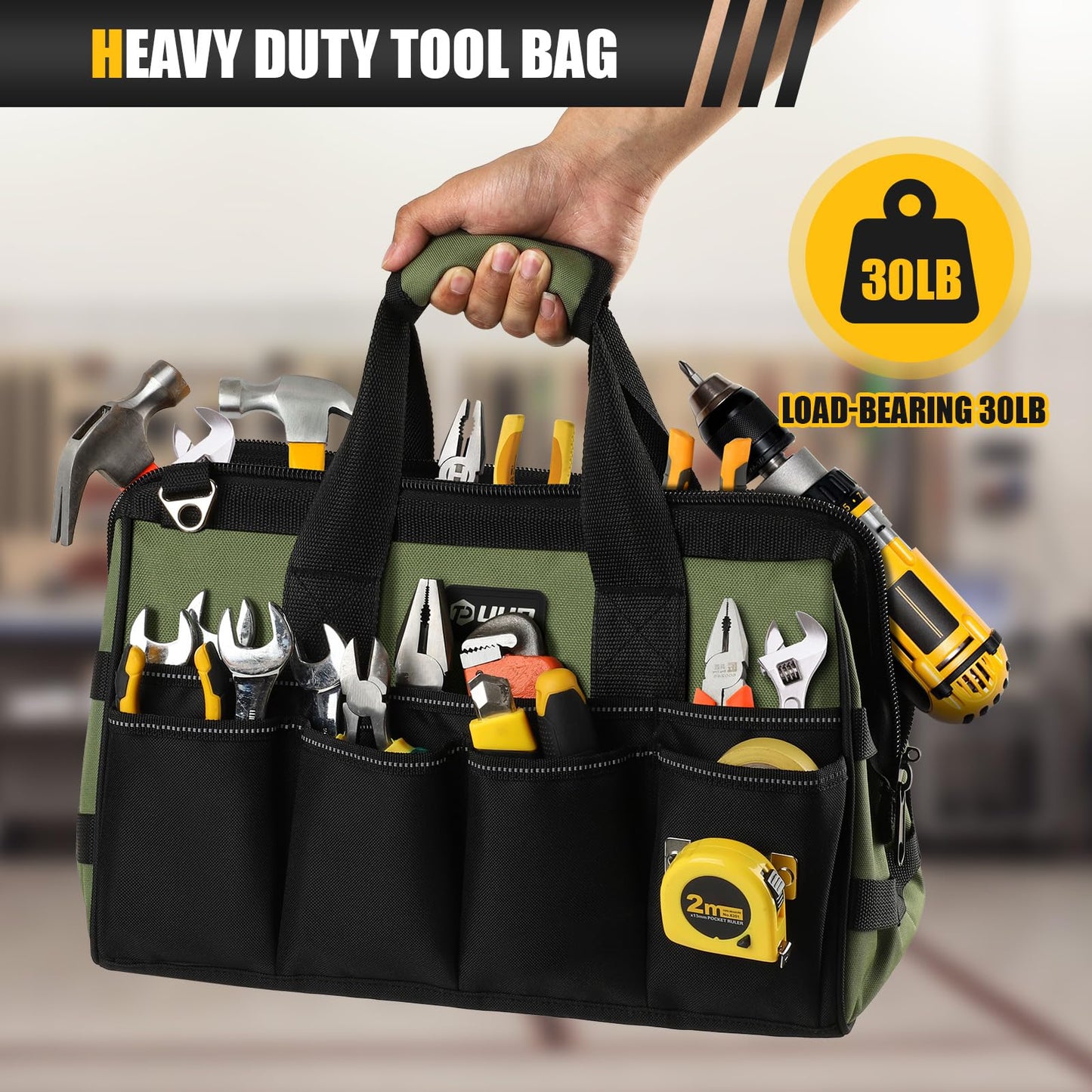 UUP Heavy Duty Tool Bag 15-Inch, 16-Pocket Portable Empty Tool Box Organizer Storage, Toolbox Organization, Soft Handle Large Zipper Carrying Toolbag, Father Day Dad Men Mechanic Welding Birthday Gift