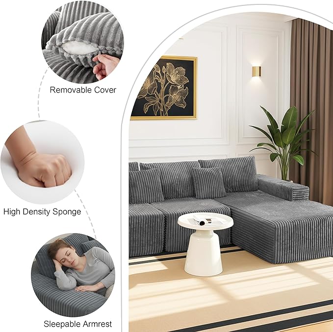 SEENYOO 112.99" Boneless Cloud Couch, L Shaped Sectional Sofa with Chaise, No Assembly Required, Sink-in Corduroy Fabric & Memory Foam, Plush Modular Sofa for Apartment, Lounge, Dorm (Grey)